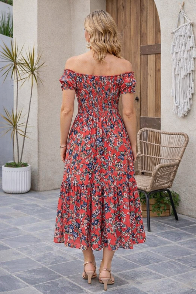 Dress floral print gathered neckline cap sleeve