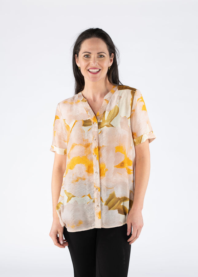 Blouse Beige abstract print short sleeve