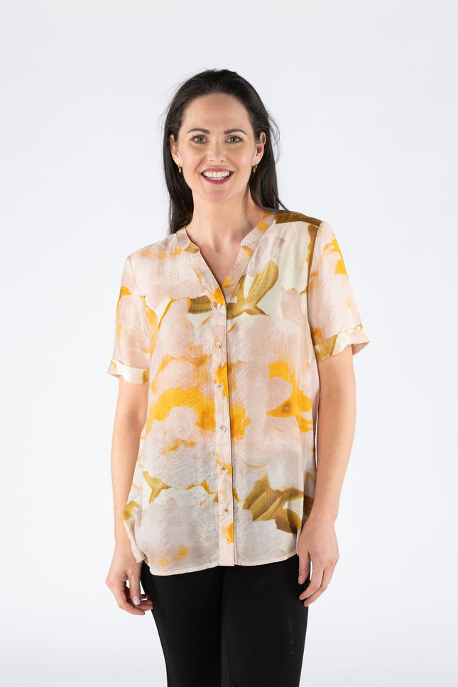 Blouse Beige abstract print short sleeve