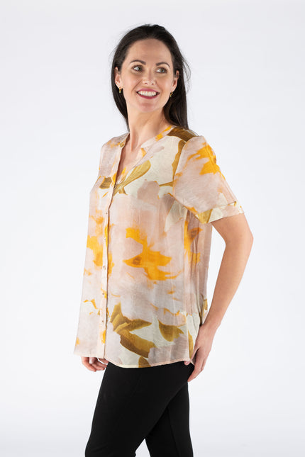 Blouse Beige abstract print short sleeve