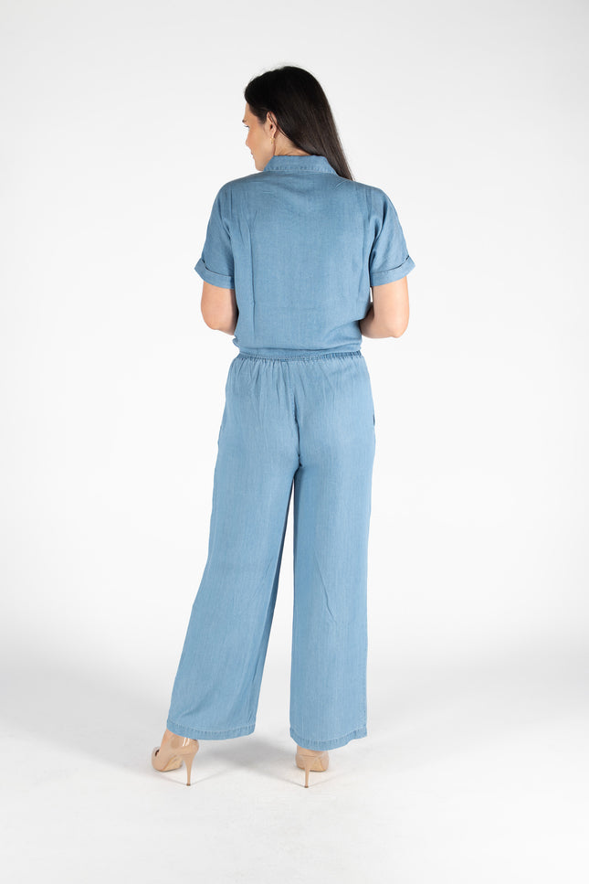 Blouse blue lyocell denim tie front shirt