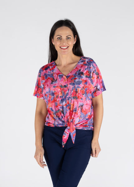 FLOWER PRINT TIE FRONT BLOUSE WITH SHORT SLEEVE