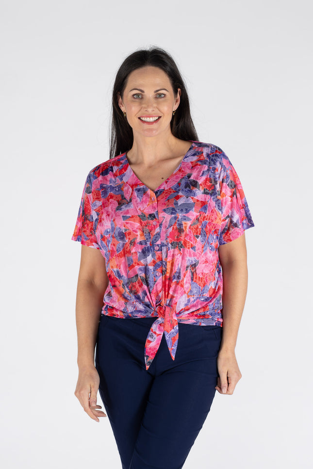 FLOWER PRINT TIE FRONT BLOUSE WITH SHORT SLEEVE