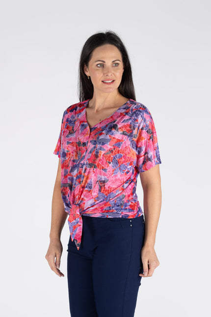 FLOWER PRINT TIE FRONT BLOUSE WITH SHORT SLEEVE