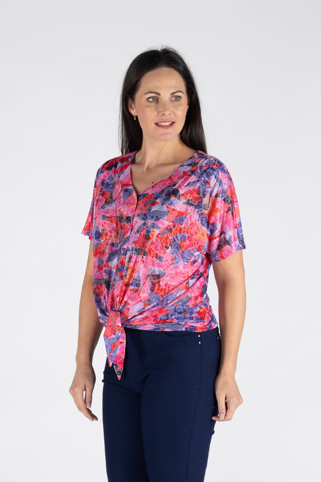 FLOWER PRINT TIE FRONT BLOUSE WITH SHORT SLEEVE