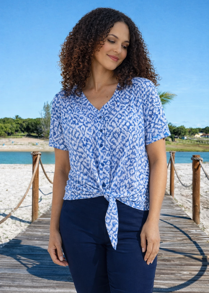 Blouse blue print tie front