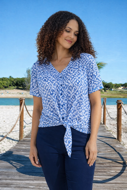 Blouse blue print tie front
