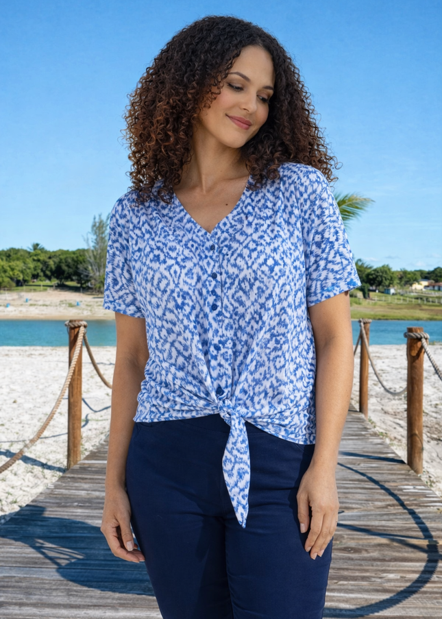 Blouse blue print tie front