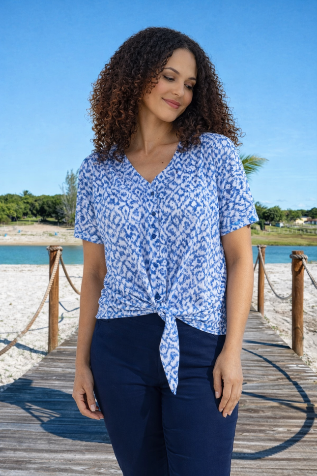 BLUE PRINT TIE FRONT BLOUSE WITH SHORT SLEEVE