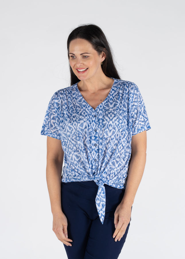 Blouse blue print tie front