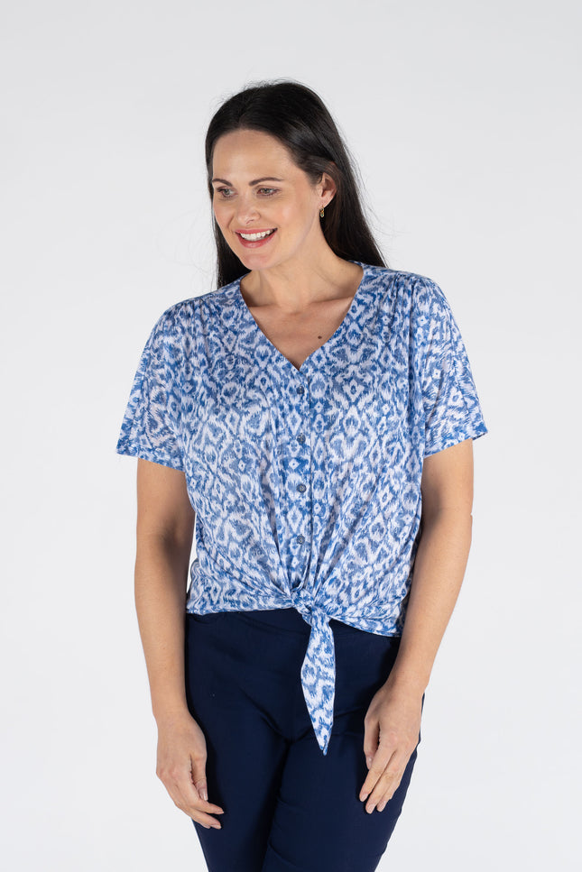 BLUE PRINT TIE FRONT BLOUSE WITH SHORT SLEEVE