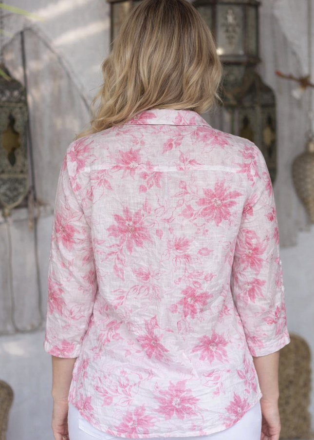 Blouse pink floral print longline 3/4 sleeve