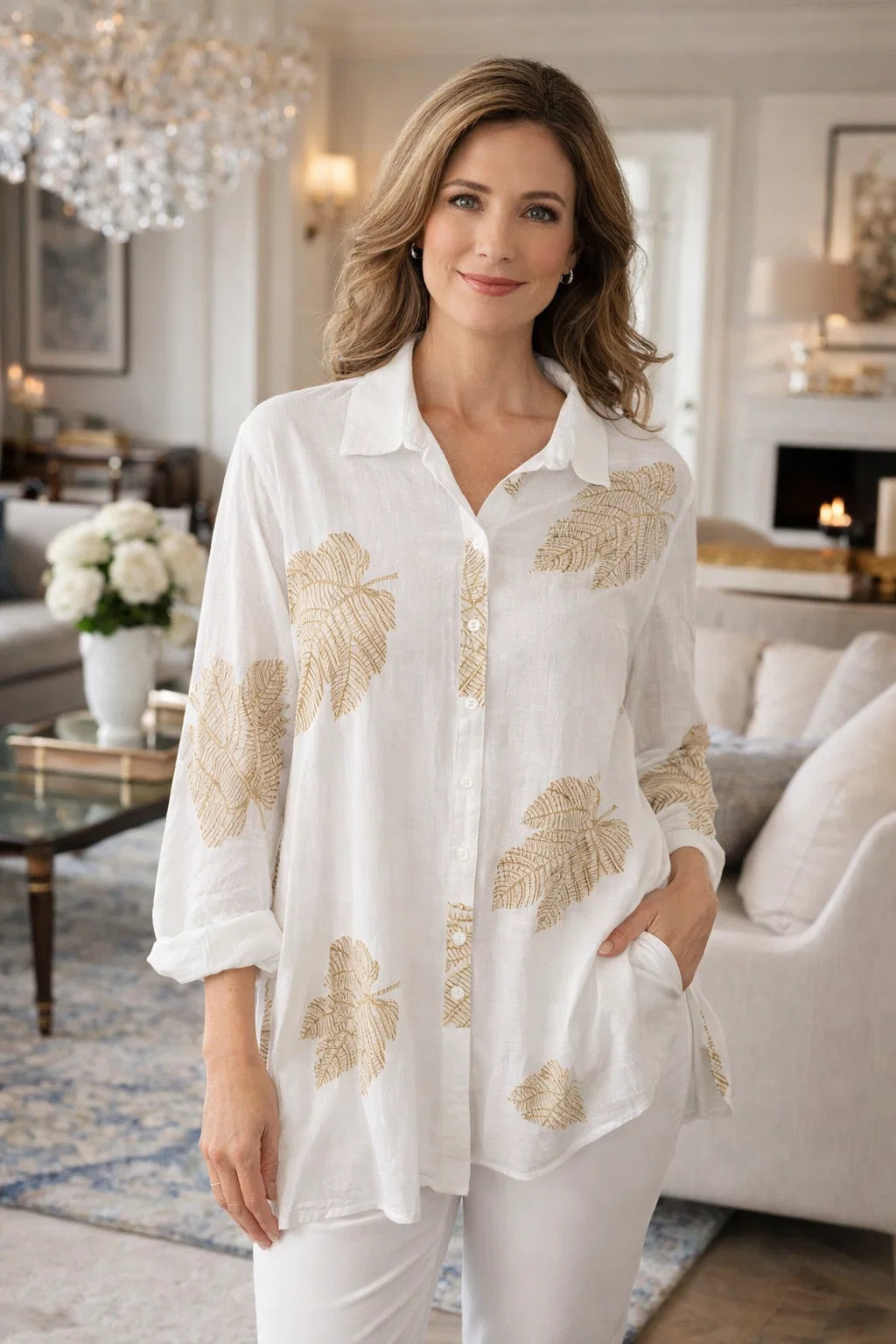 White Beige Big Leaf Print Blouse with 3/4 Sleeve