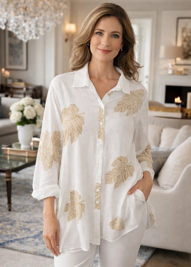 Blouse white beige big leaf print with 3/4 sleeve