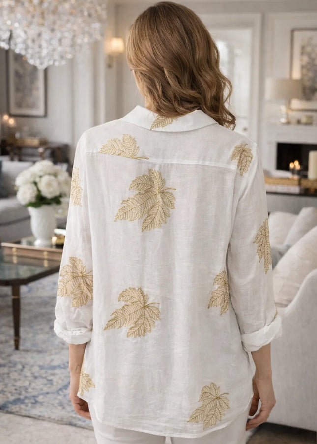 Blouse white beige big leaf print with 3/4 sleeve