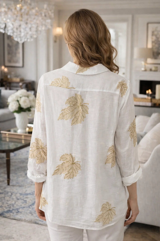 WHITE BEIGE BIG LEAF PRINT BLOUSE WITH 3/4 SLEEVE