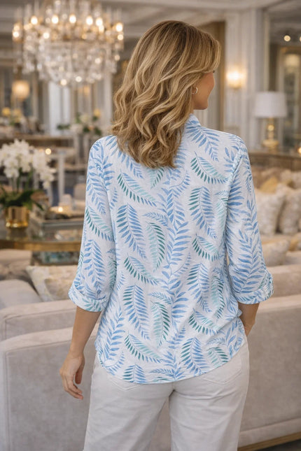 Blouse blue green leaf print with 3/4 sleeve