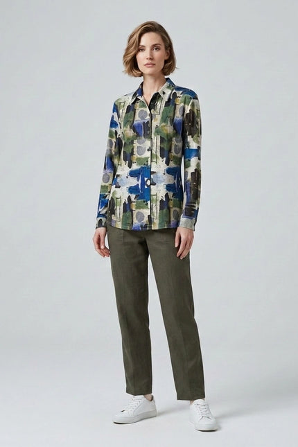 Blouse abstract print with collar and full sleeve
