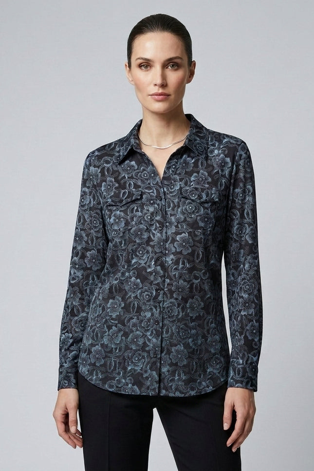 Blouse flower print soft touch with pocket