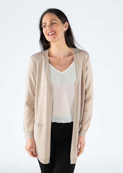 Cardigan textured panel edge to edge 3/4 sleeve.