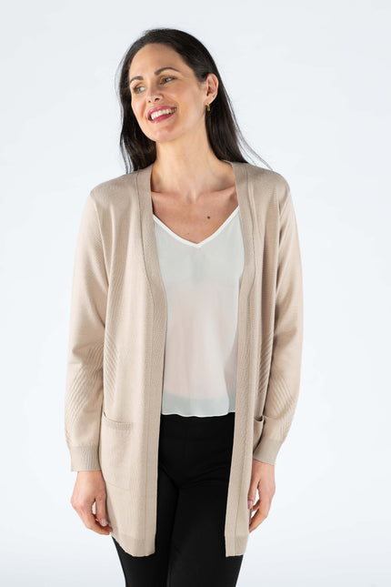 Cardigan textured panel edge to edge 3/4 sleeve.