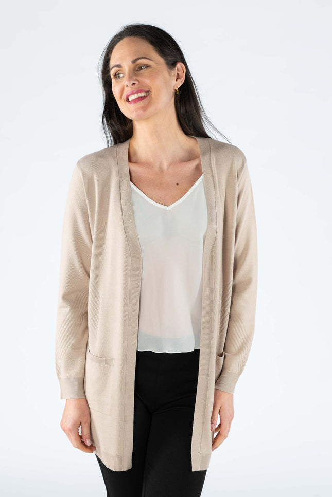 Cardigan textured panel edge to edge 3/4 sleeve.