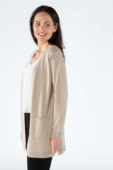 Cardigan textured panel edge to edge 3/4 sleeve.