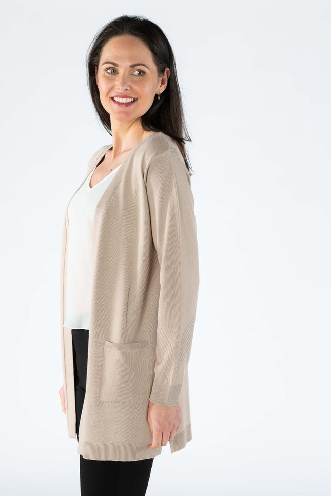Cardigan textured panel edge to edge 3/4 sleeve.