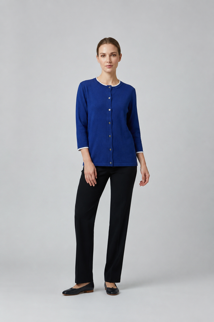 Cardigan contrast edge to edge round neck 3/4 sleeve