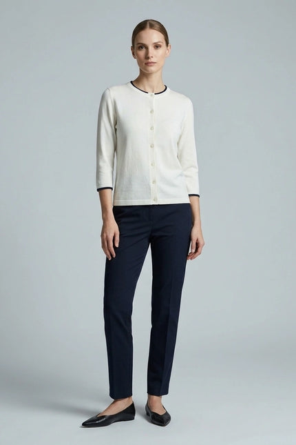 Cardigan contrast edge to edge round neck 3/4 sleeve