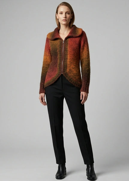 Cardigan curved hem zip with long sleeve