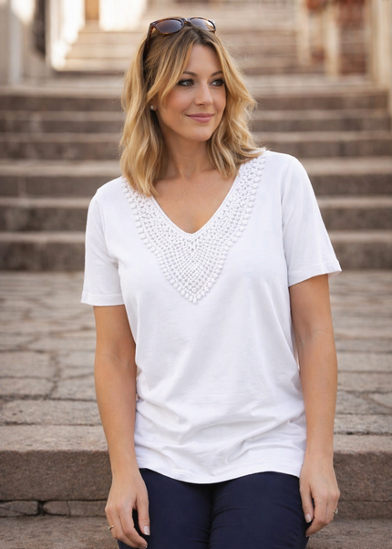 T-Shirt Crochet Neckline Trim Rib  Short Sleeve