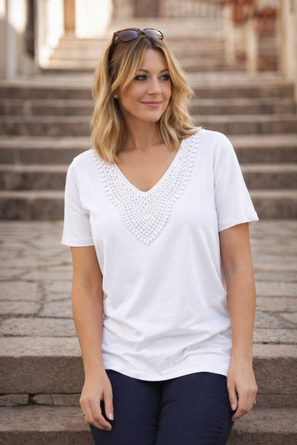 T-Shirt Crochet Neckline Trim Rib  Short Sleeve