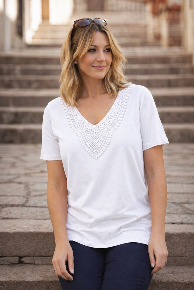 T-Shirt Crochet Neckline Trim Rib  Short Sleeve