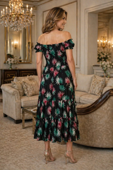 Dress printed gathered neckline cap sleeve