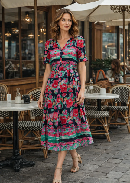 Dress floral print with button placket.