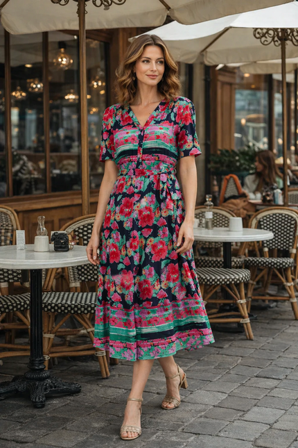 Dress floral print with button placket.