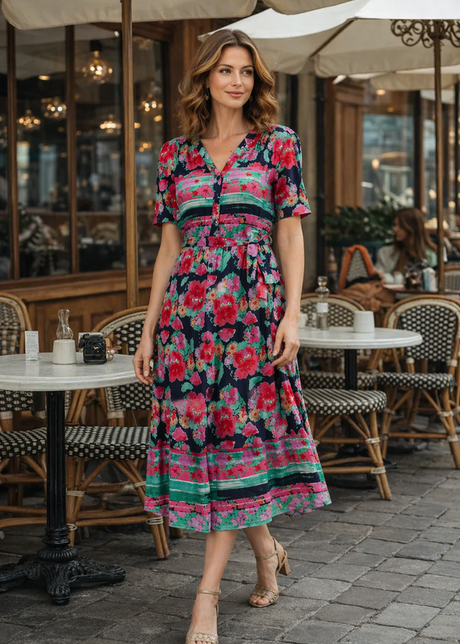 Dress floral print with button placket.