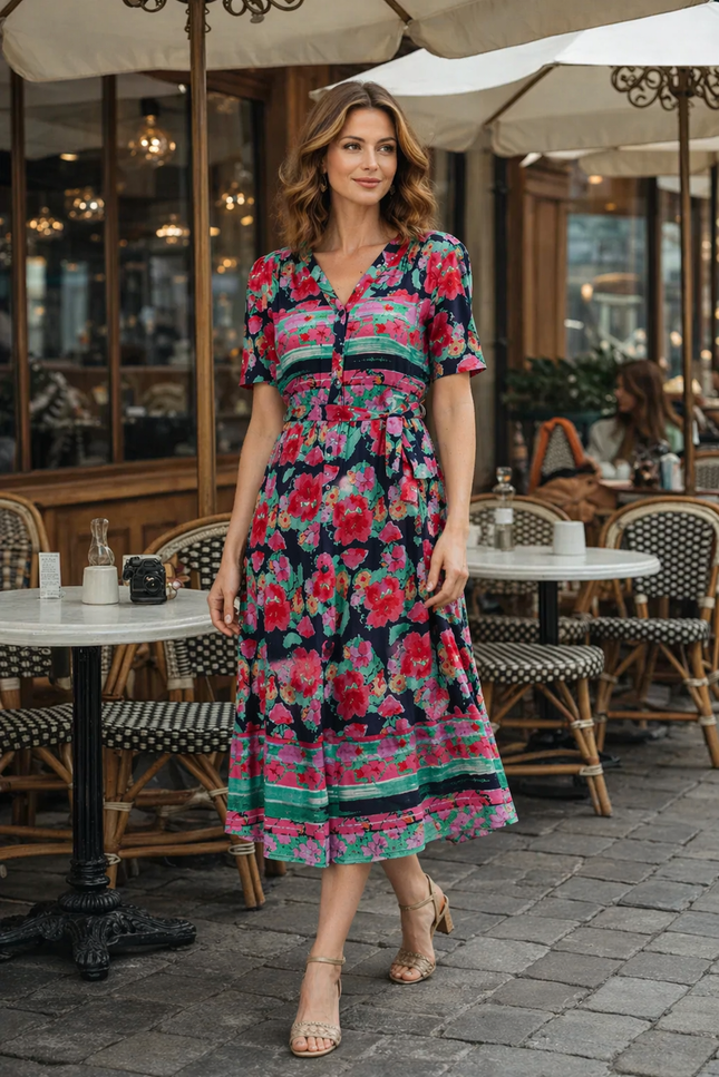 Dress floral print with button placket.