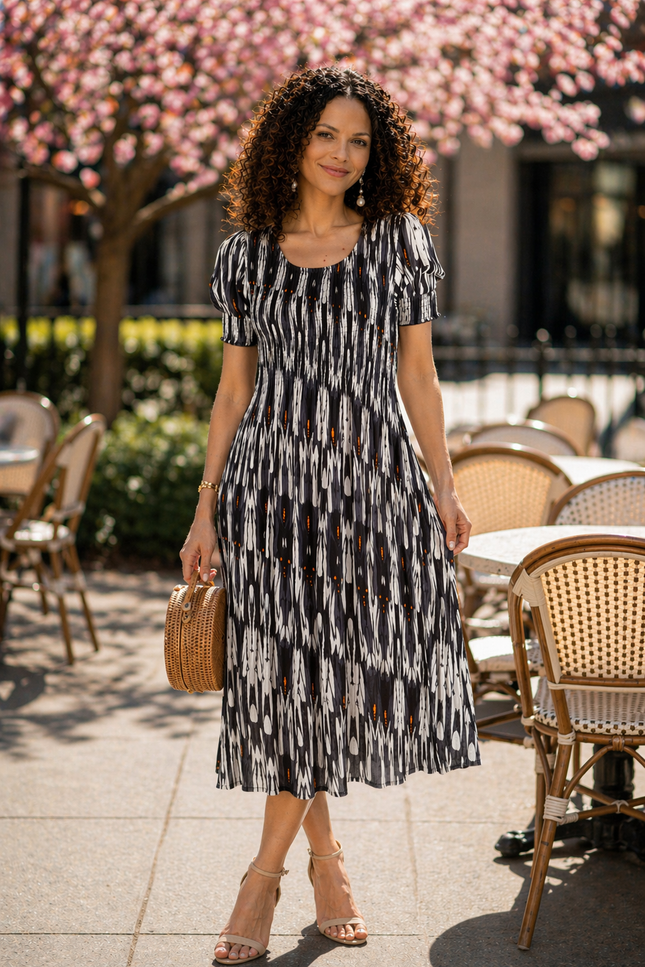 Dress printed round neck crinkle dress