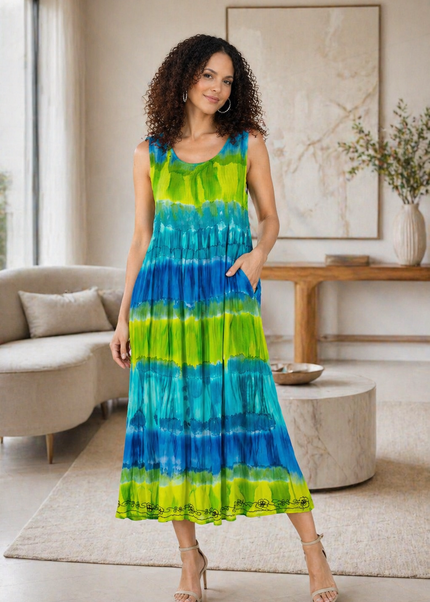 Dress Tie Dye Round Neck  Sleeve Less
