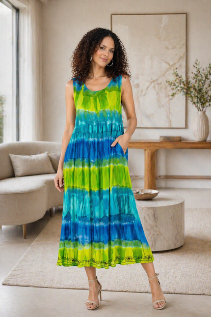 Dress Tie Dye Round Neck  Sleeve Less