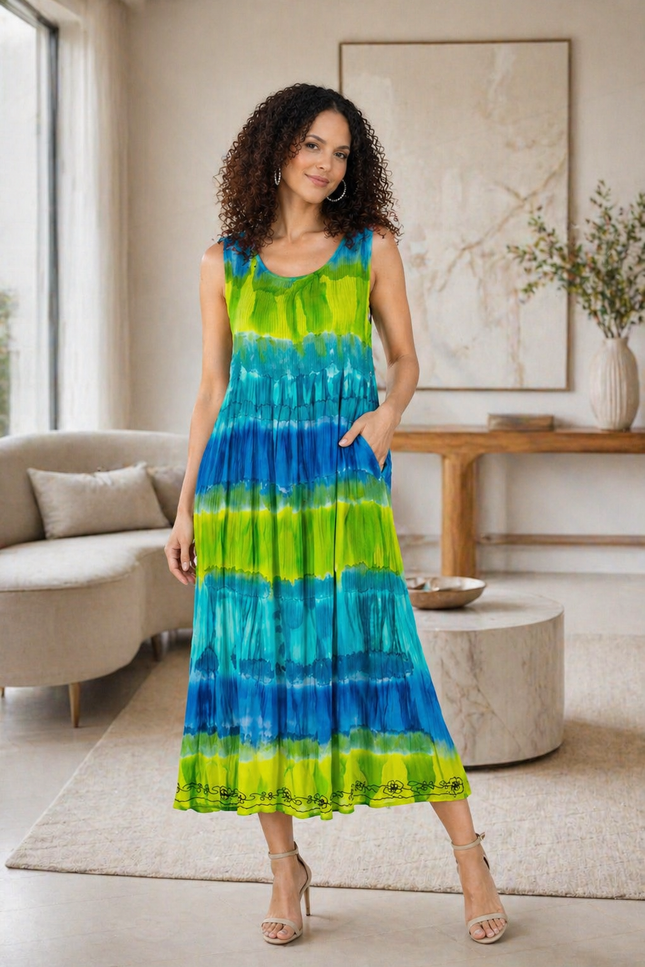 Dress Tie Dye Round Neck  Sleeve Less