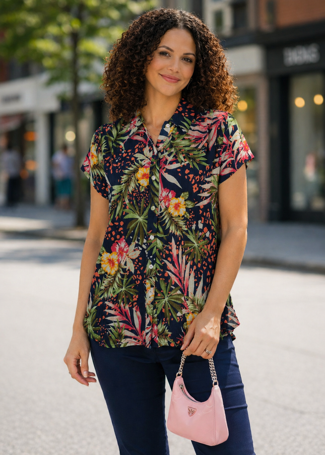 Blouse Tropical Leae Print Crinkle  With