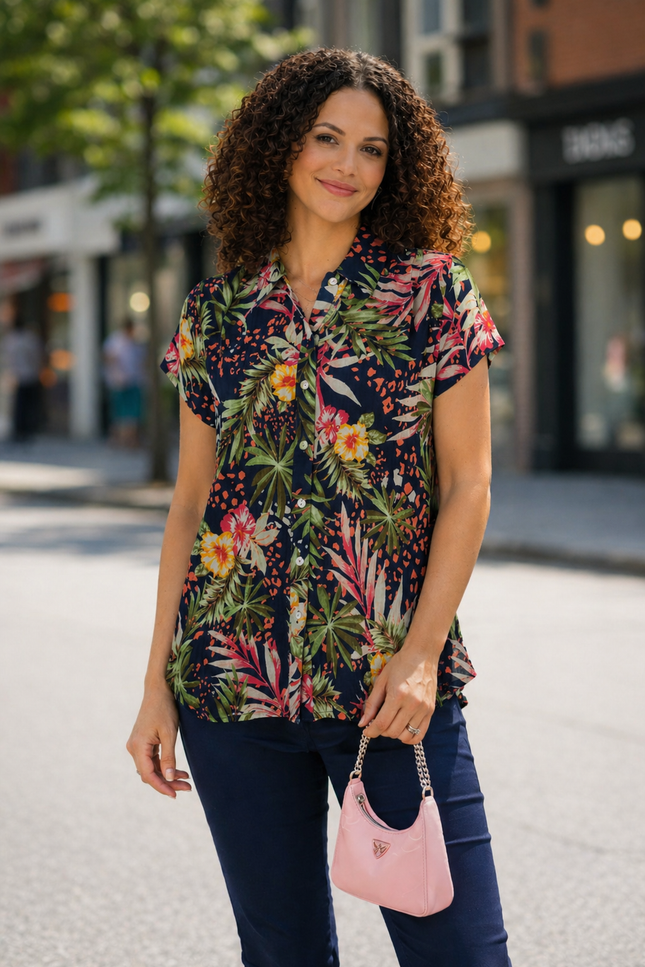 Blouse Tropical Leae Print Crinkle  With