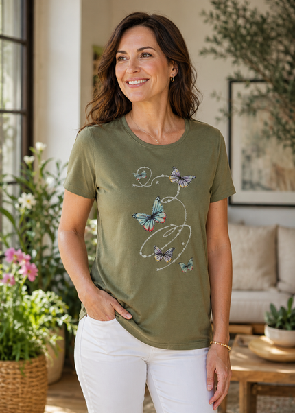 T Shirt butterfly print round neck short sleeve