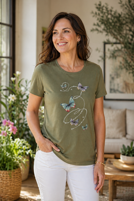 T Shirt butterfly print round neck short sleeve
