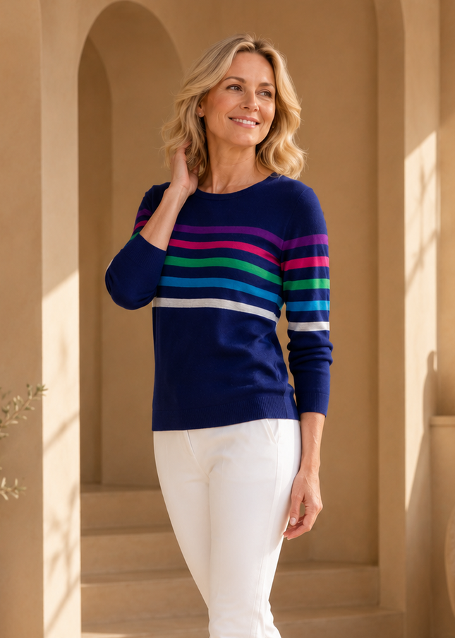 Jumper multi stripe round neck 3/4 sleeve