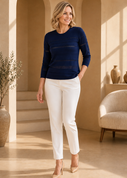 Jumper navy textured round neck with 3/4 sleeve