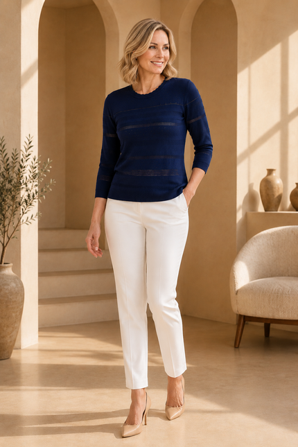 Jumper navy textured round neck with 3/4 sleeve